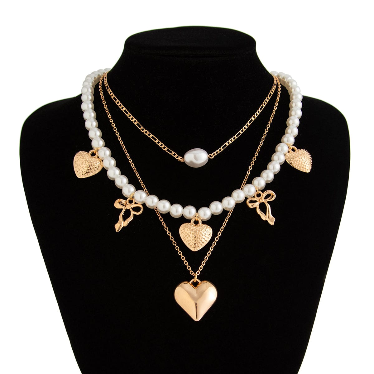 Trendy 3pcs Bowknot Heart Pendant Pearl Chain Necklace Set - ArtGalleryZen