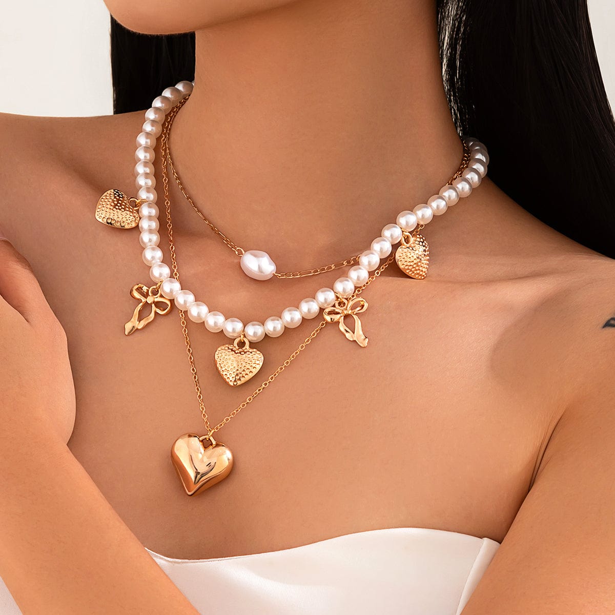 Trendy 3pcs Bowknot Heart Pendant Pearl Chain Necklace Set - ArtGalleryZen
