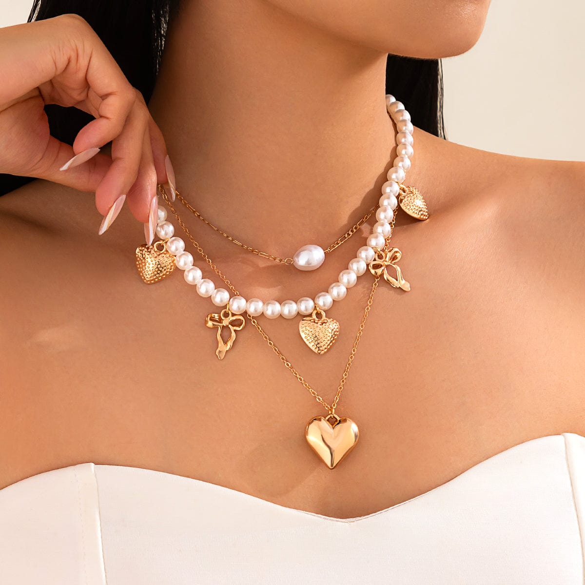 Trendy 3pcs Bowknot Heart Pendant Pearl Chain Necklace Set - ArtGalleryZen