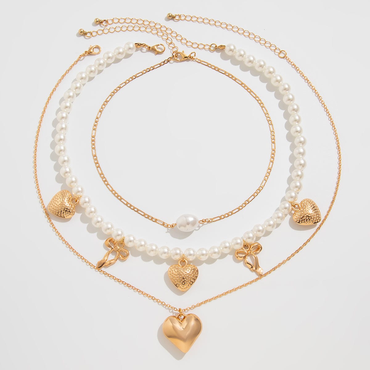Trendy 3pcs Bowknot Heart Pendant Pearl Chain Necklace Set - ArtGalleryZen