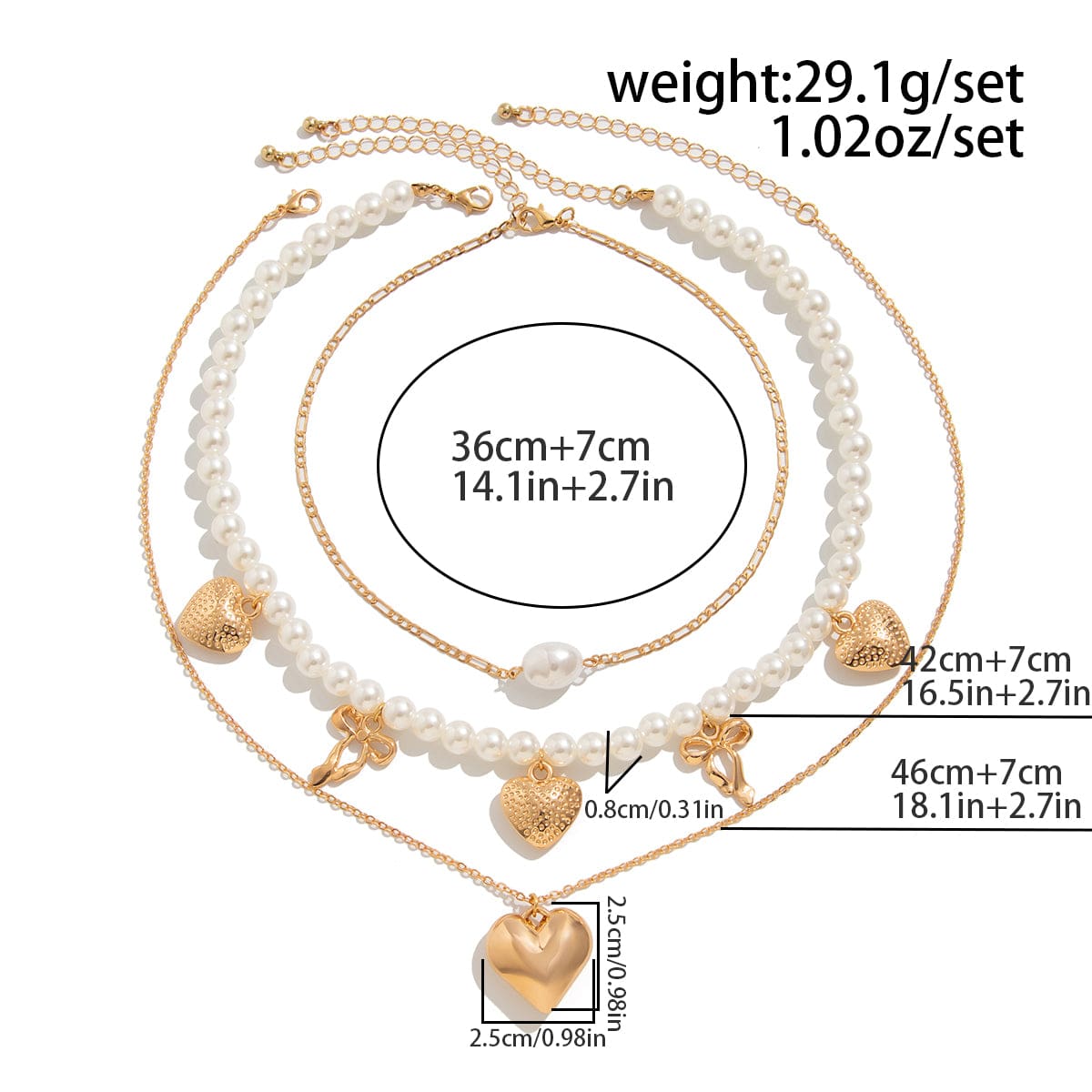 Trendy 3pcs Bowknot Heart Pendant Pearl Chain Necklace Set - ArtGalleryZen