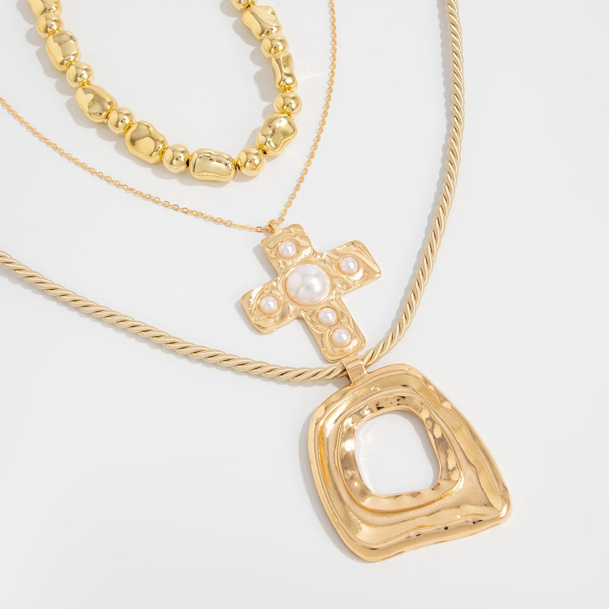 Trendy 3pcs Pearl Inlaid Cross Irregular Hoop Pendant Beaded Chain Necklace Set - ArtGalleryZen