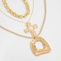 Thumbnail for Trendy 3pcs Pearl Inlaid Cross Irregular Hoop Pendant Beaded Chain Necklace Set - ArtGalleryZen