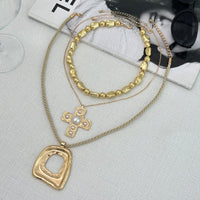 Thumbnail for Trendy 3pcs Pearl Inlaid Cross Irregular Hoop Pendant Beaded Chain Necklace Set - ArtGalleryZen