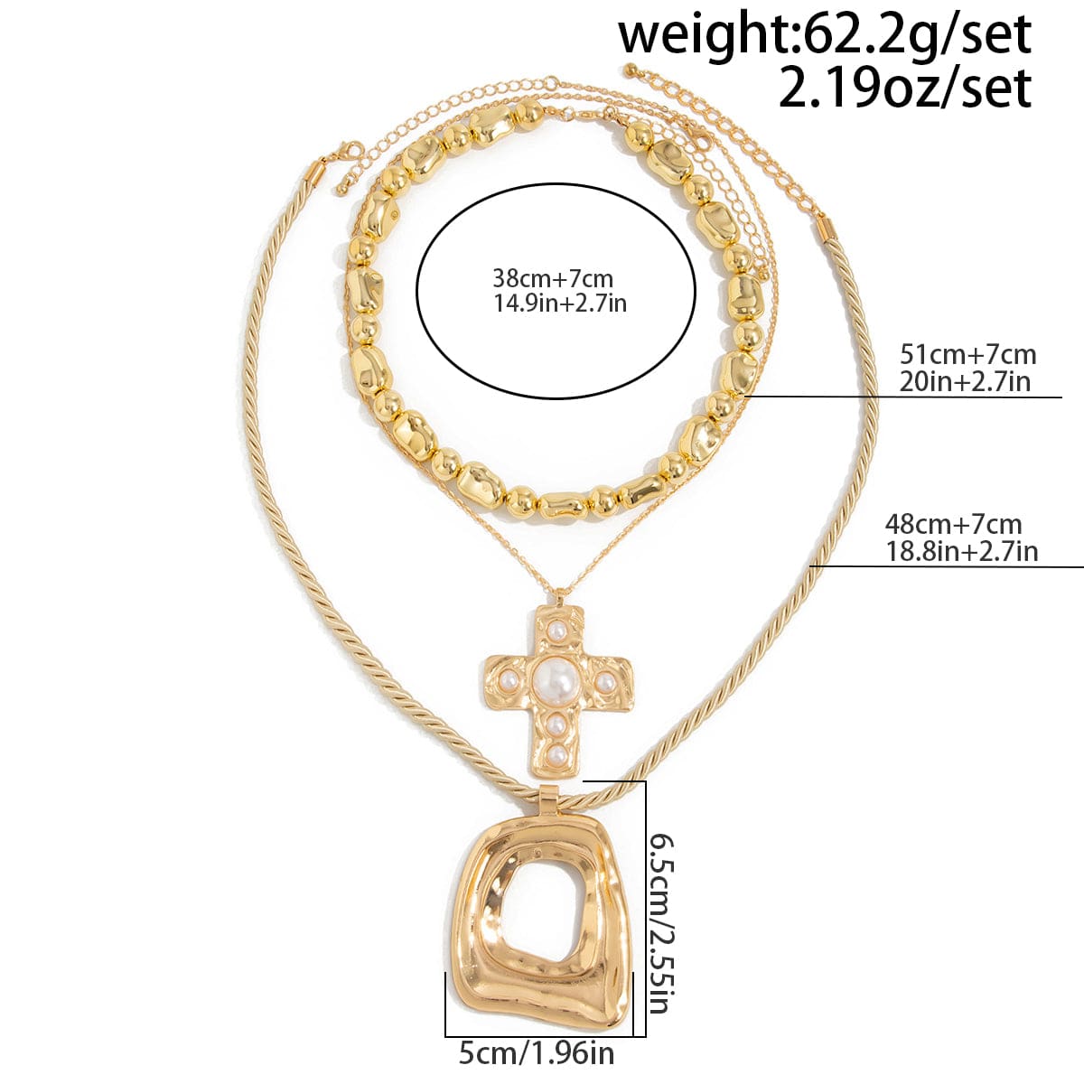 Trendy 3pcs Pearl Inlaid Cross Irregular Hoop Pendant Beaded Chain Necklace Set - ArtGalleryZen