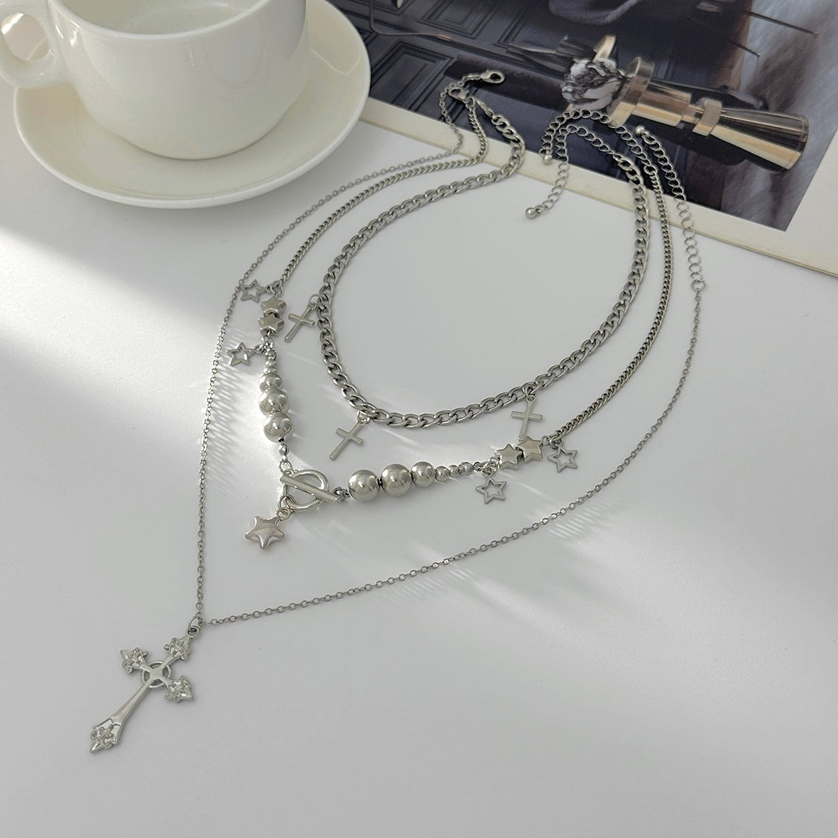 Trendy 3pcs Toggle Clasp Cross Star Pendant Necklace Set - ArtGalleryZen