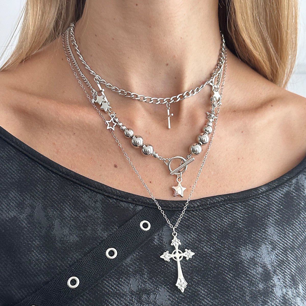 Trendy 3pcs Toggle Clasp Cross Star Pendant Necklace Set - ArtGalleryZen