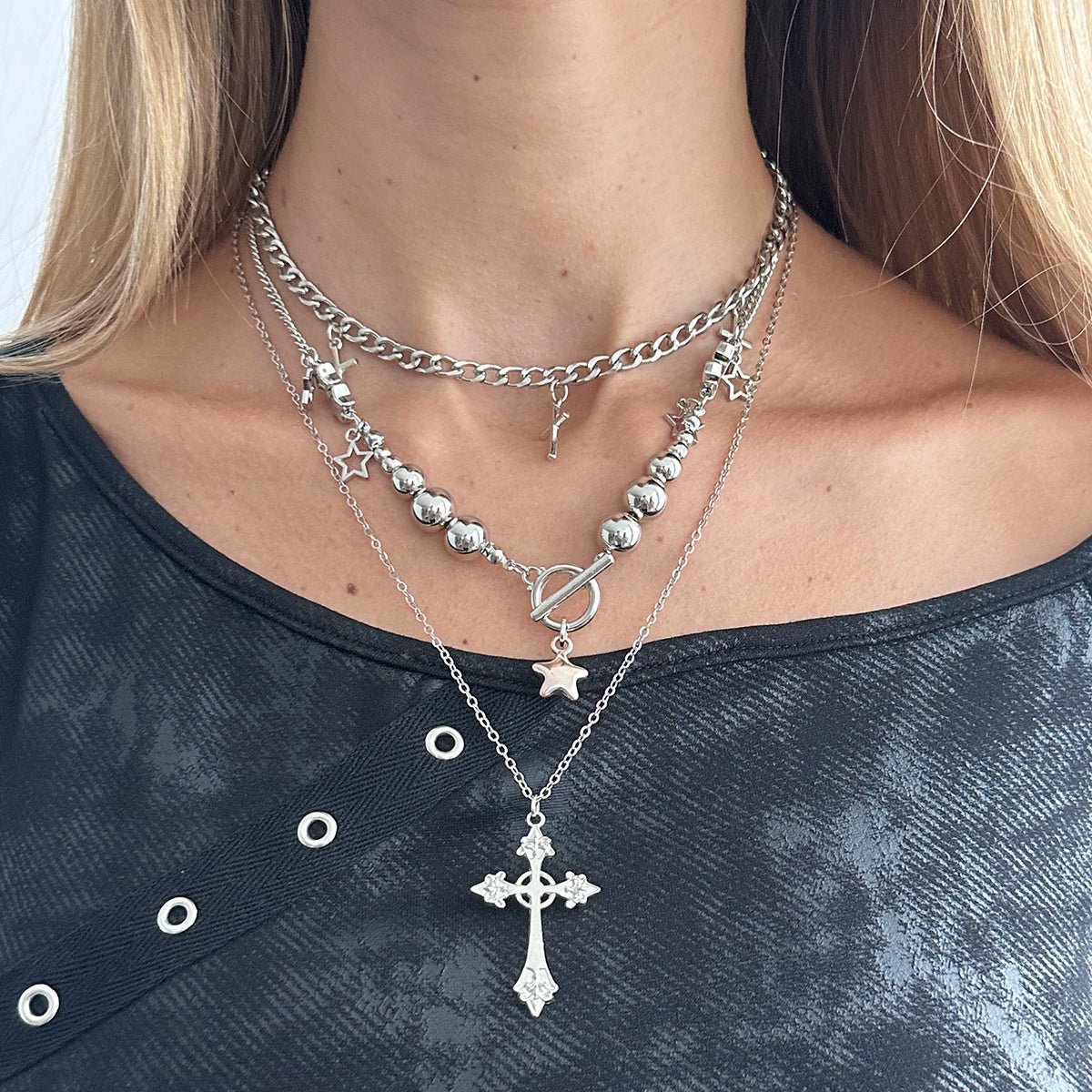 Trendy 3pcs Toggle Clasp Cross Star Pendant Necklace Set - ArtGalleryZen