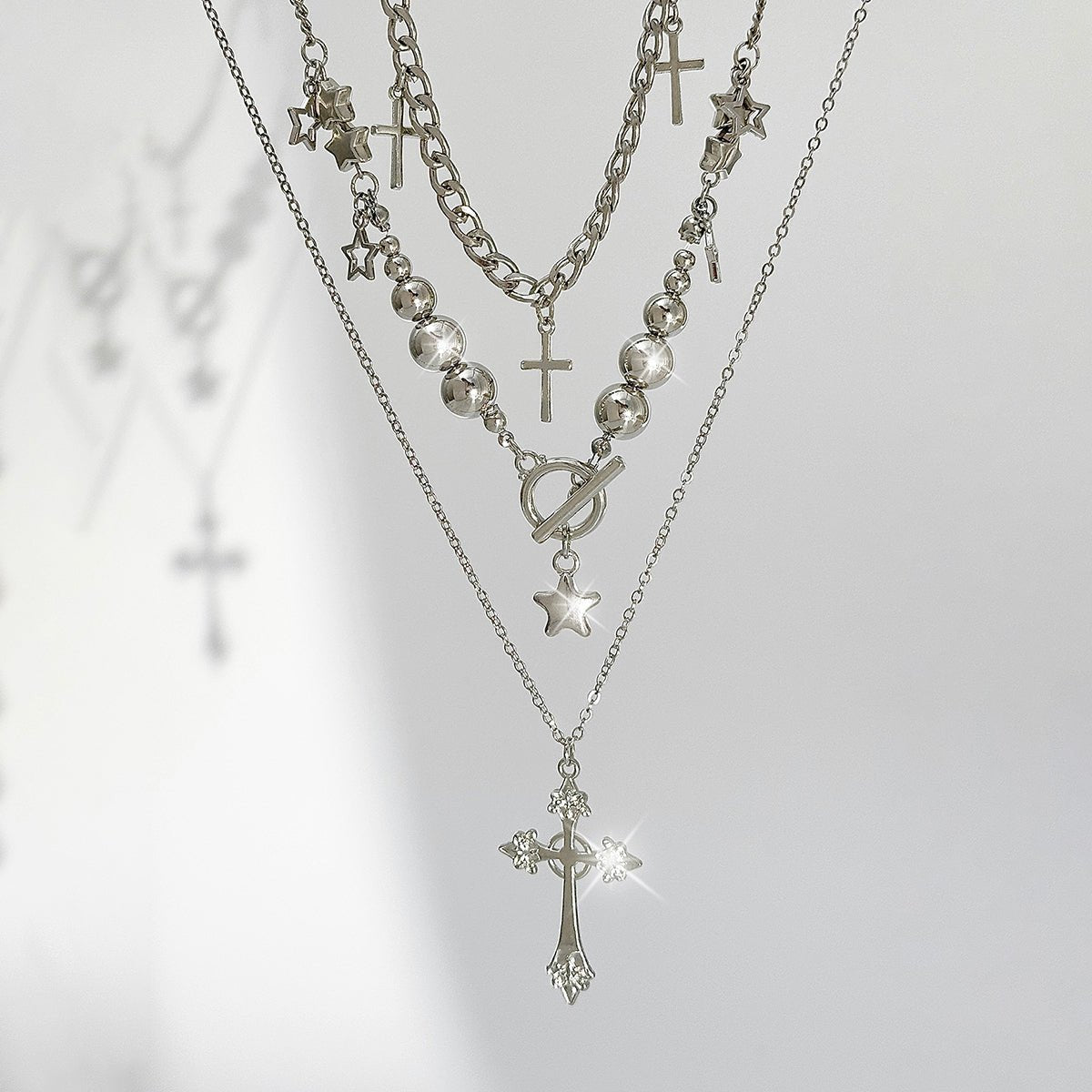 Trendy 3pcs Toggle Clasp Cross Star Pendant Necklace Set - ArtGalleryZen