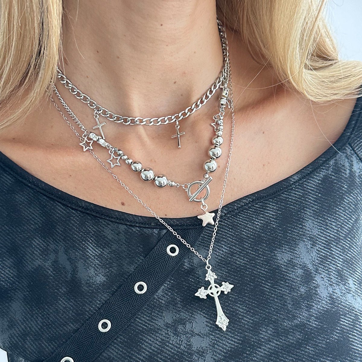 Trendy 3pcs Toggle Clasp Cross Star Pendant Necklace Set - ArtGalleryZen