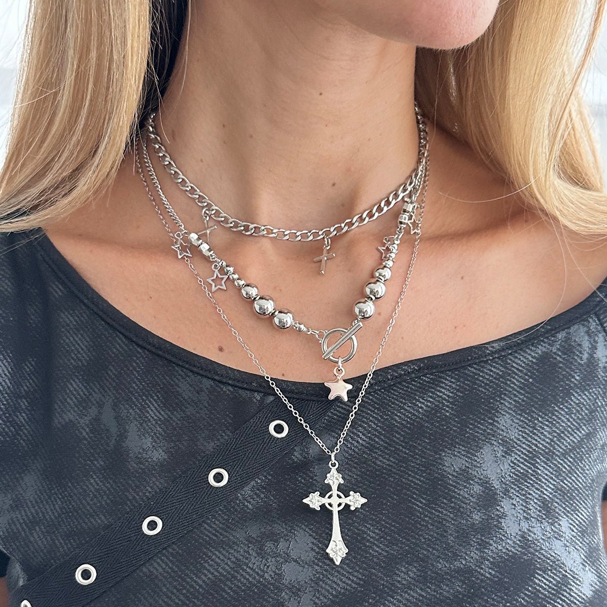 Trendy 3pcs Toggle Clasp Cross Star Pendant Necklace Set - ArtGalleryZen