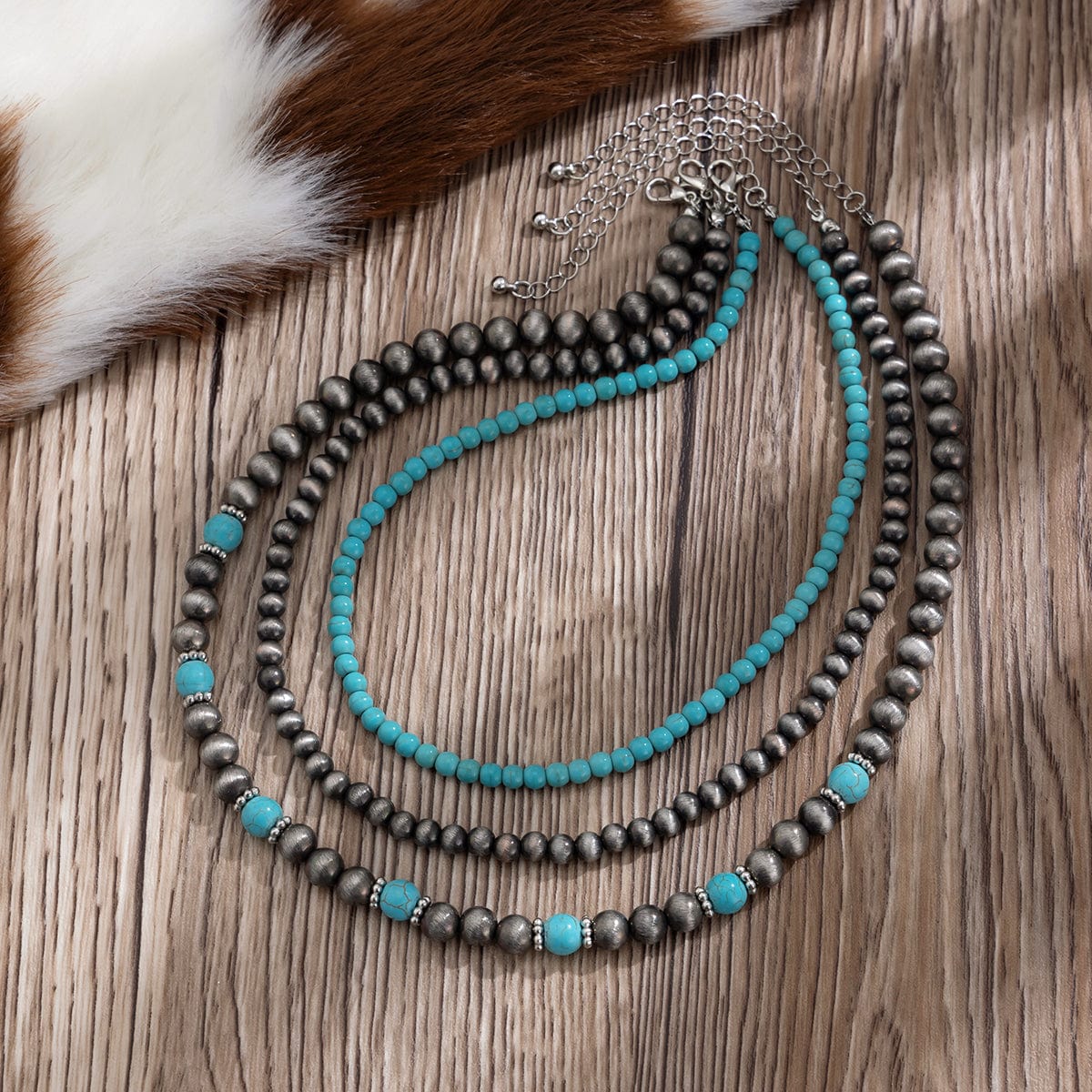 Trendy 3pcs Turquoise Beaded Chain Necklace Set - ArtGalleryZen