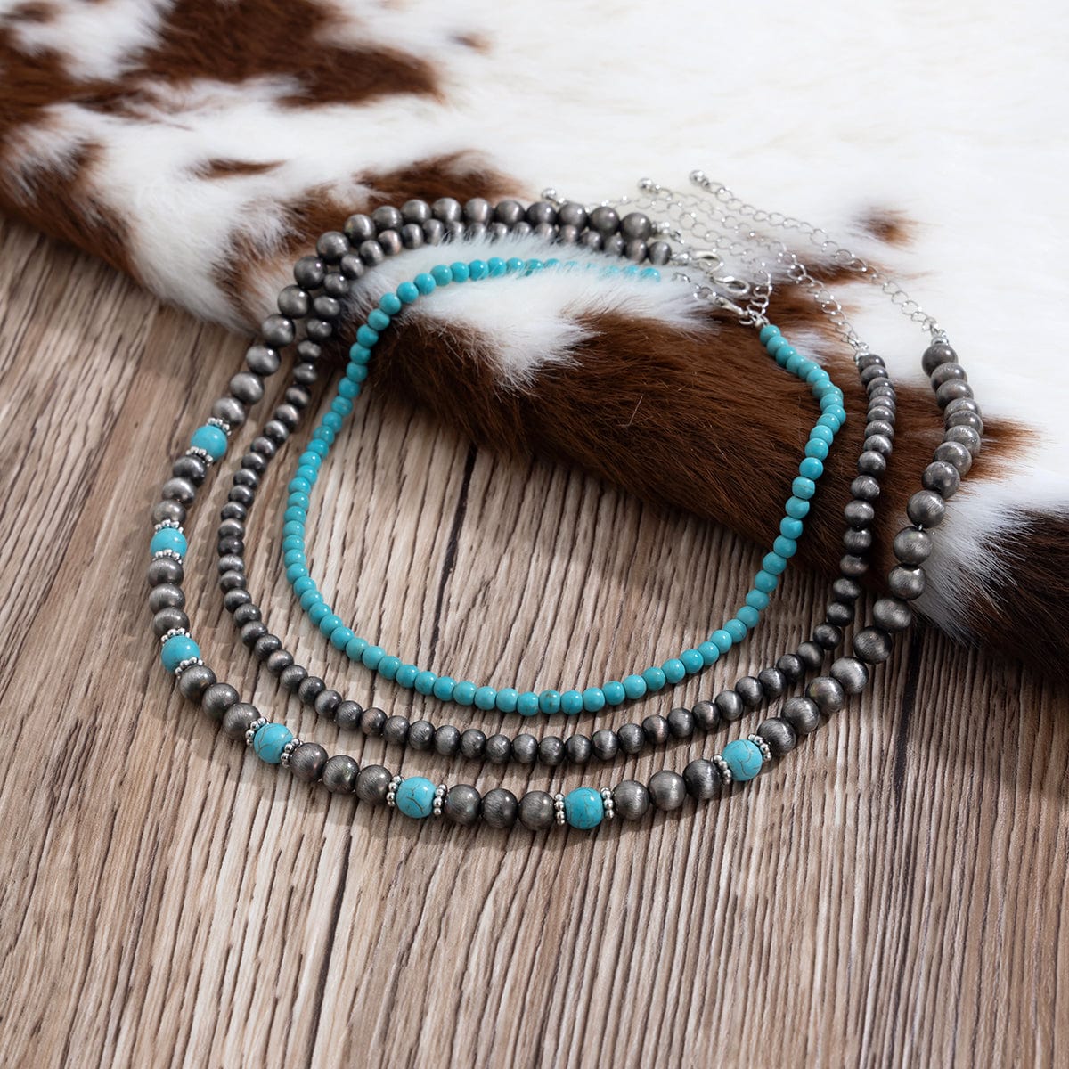 Trendy 3pcs Turquoise Beaded Chain Necklace Set - ArtGalleryZen