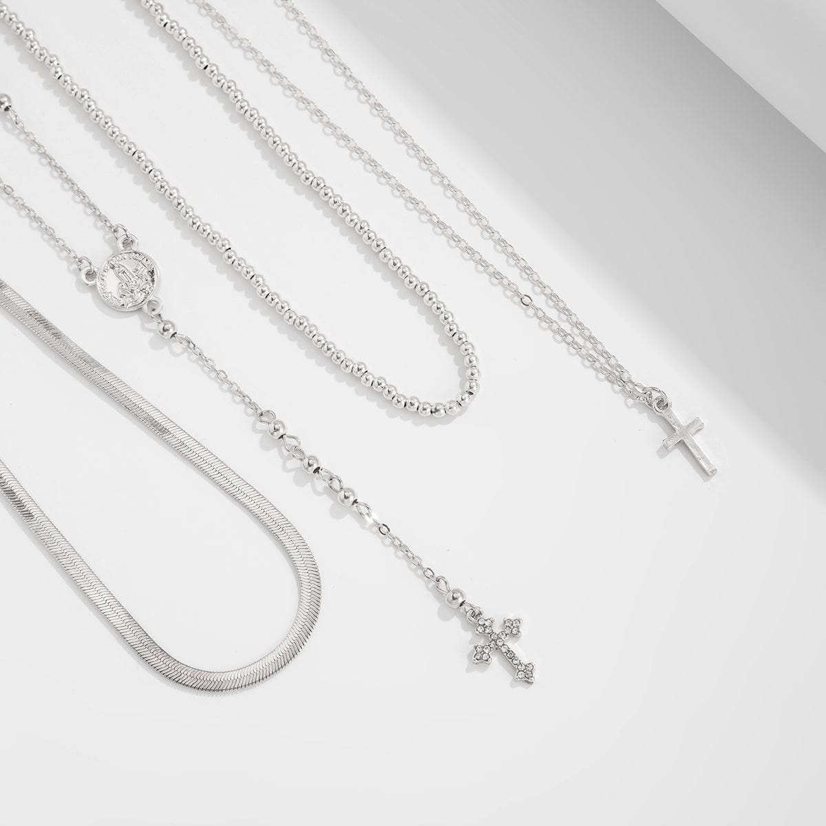 Trendy 4pc Rhinestone Inlaid Cross Round Disk Pendant Ball Chain Y Necklace Set - ArtGalleryZen