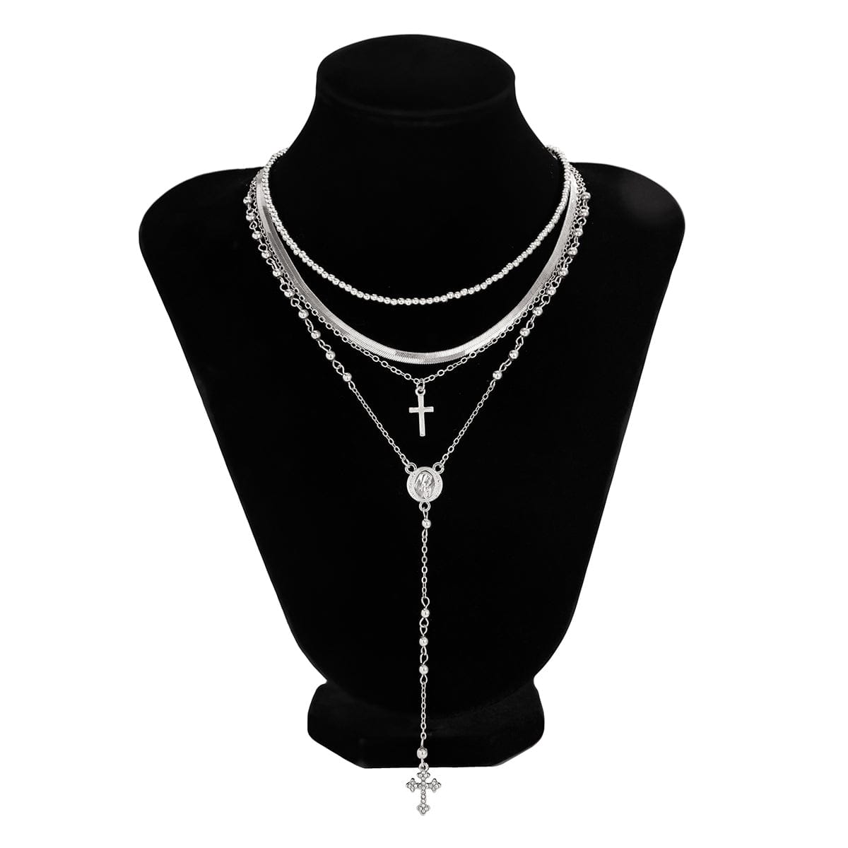 Trendy 4pc Rhinestone Inlaid Cross Round Disk Pendant Ball Chain Y Necklace Set - ArtGalleryZen