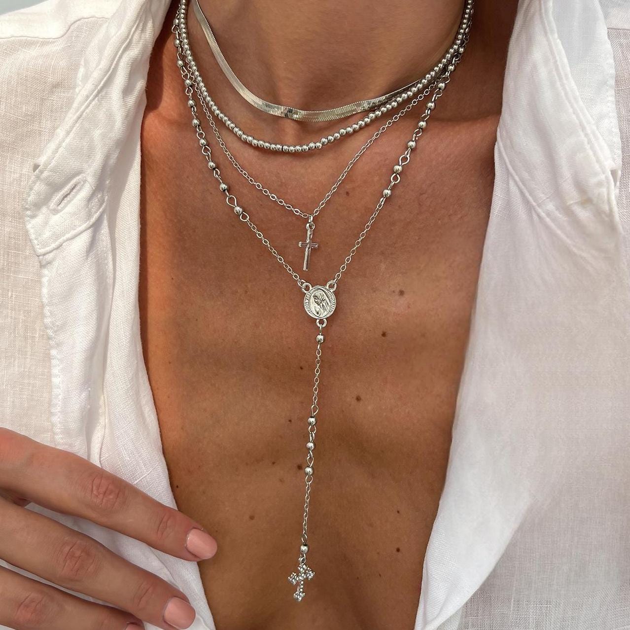 Trendy 4pc Rhinestone Inlaid Cross Round Disk Pendant Ball Chain Y Necklace Set - ArtGalleryZen