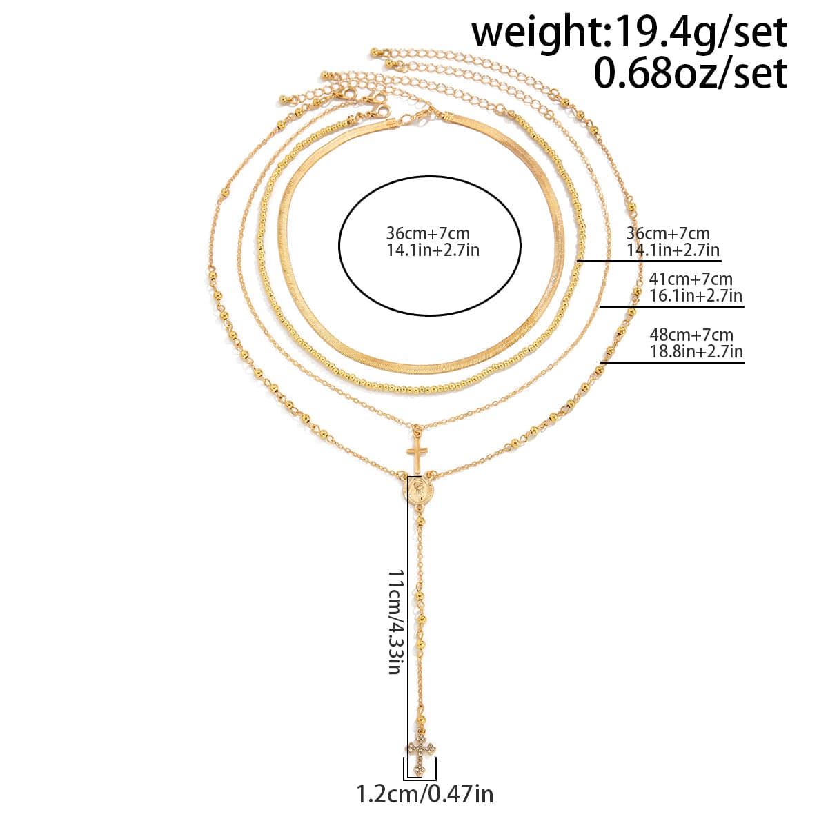 Trendy 4pc Rhinestone Inlaid Cross Round Disk Pendant Ball Chain Y Necklace Set - ArtGalleryZen