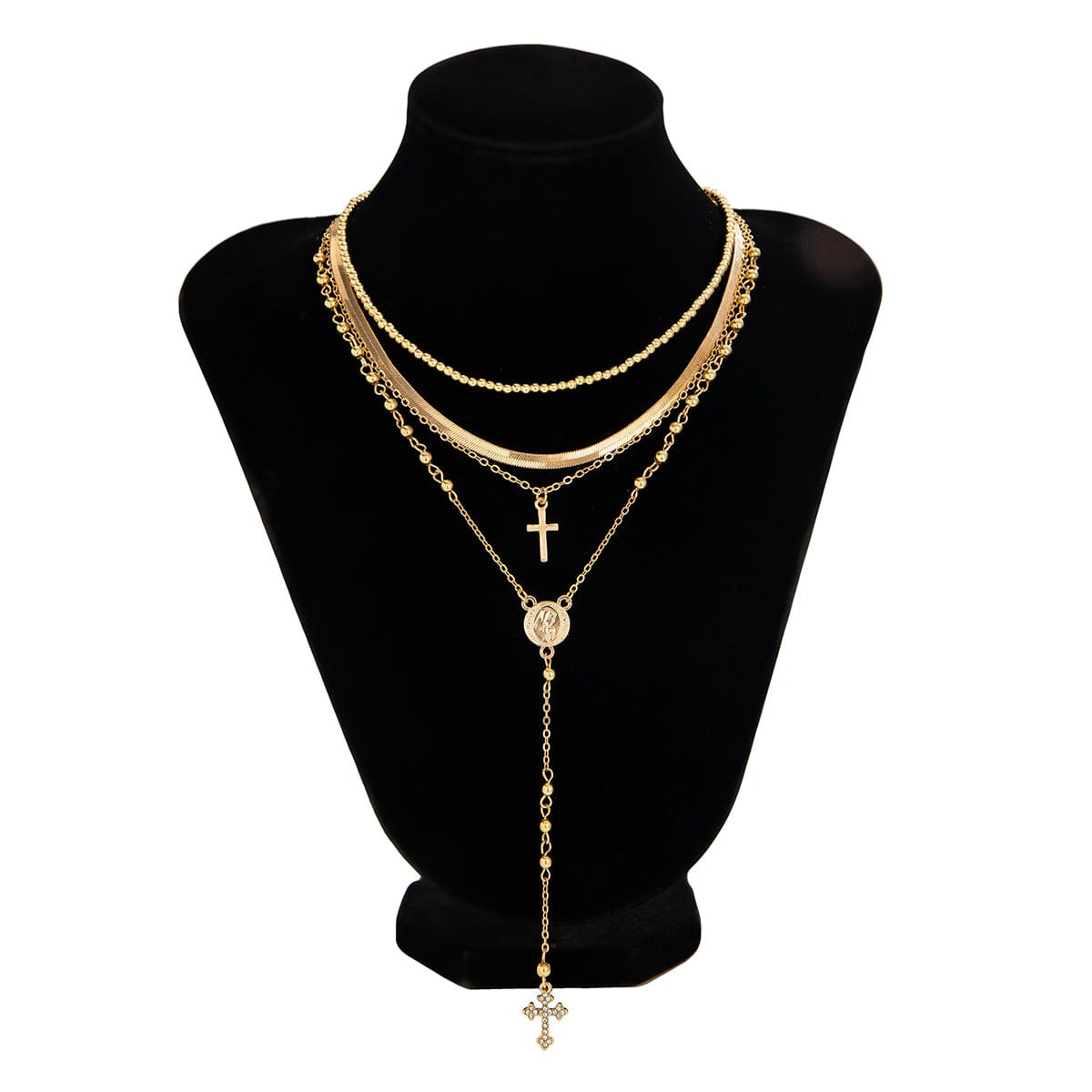 Trendy 4pc Rhinestone Inlaid Cross Round Disk Pendant Ball Chain Y Necklace Set - ArtGalleryZen