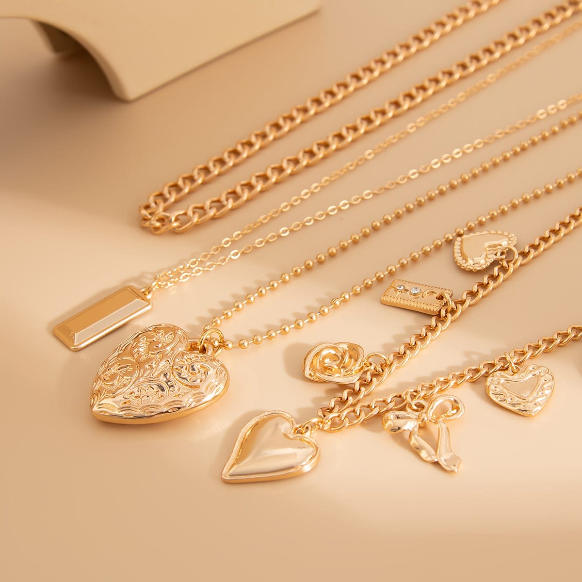 Trendy 4pcs Bowknot Heart Rose Pendant Curb Chain Necklace Set - ArtGalleryZen