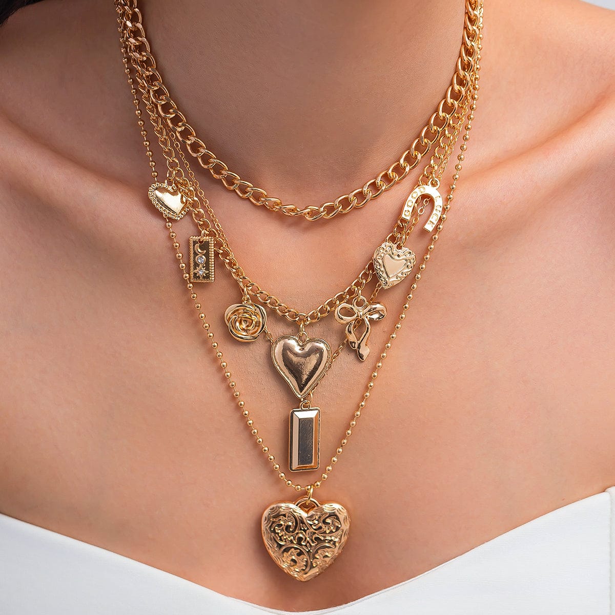 Trendy 4pcs Bowknot Heart Rose Pendant Curb Chain Necklace Set - ArtGalleryZen