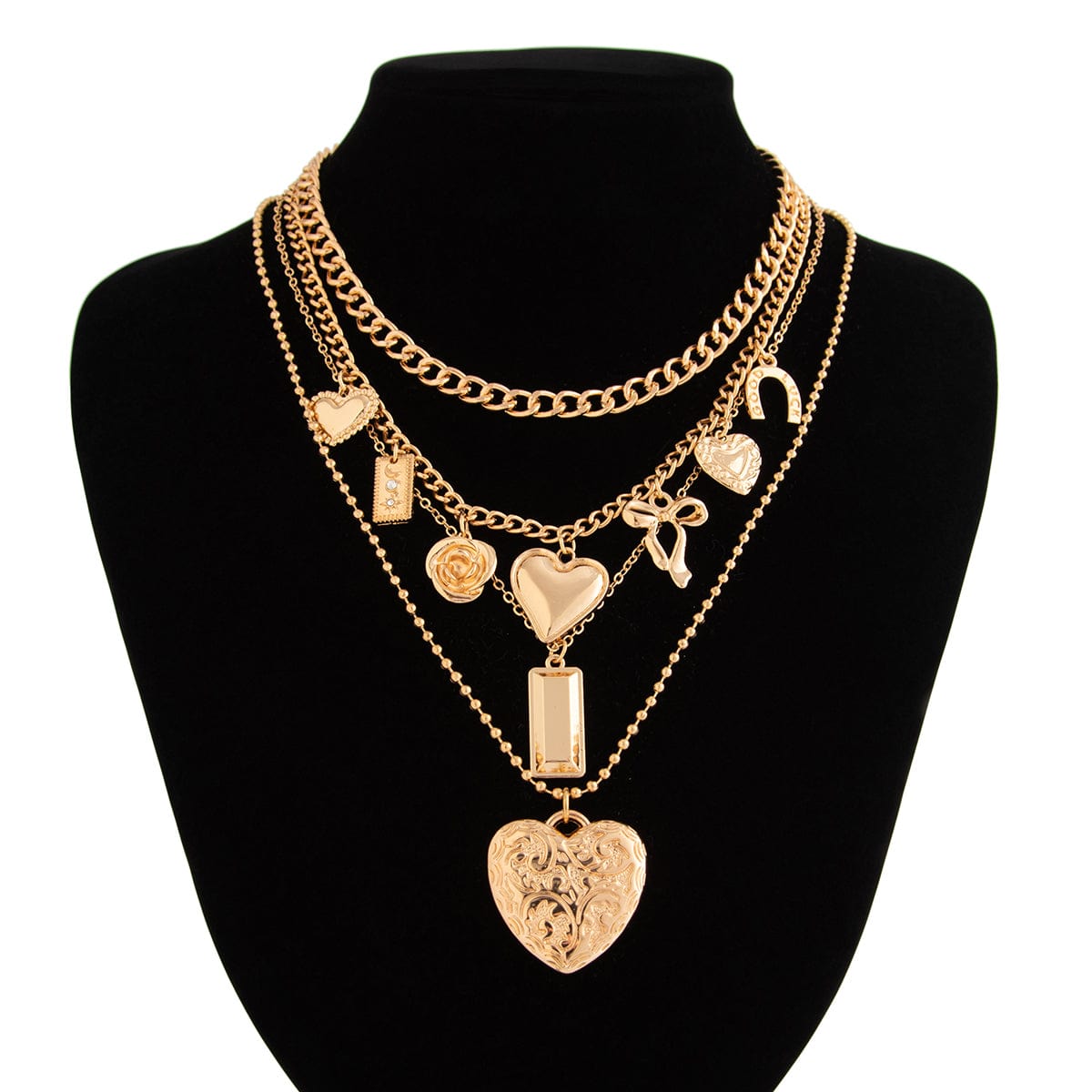 Trendy 4pcs Bowknot Heart Rose Pendant Curb Chain Necklace Set - ArtGalleryZen