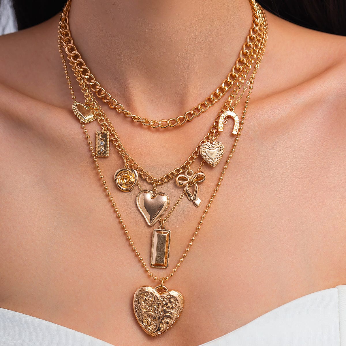 Trendy 4pcs Bowknot Heart Rose Pendant Curb Chain Necklace Set - ArtGalleryZen