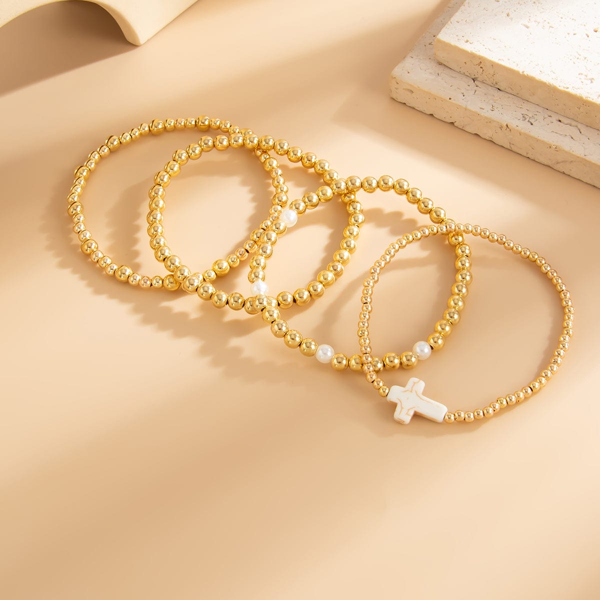 Trendy 4pcs Cross Charm Ball Chain Bracelet Set - ArtGalleryZen