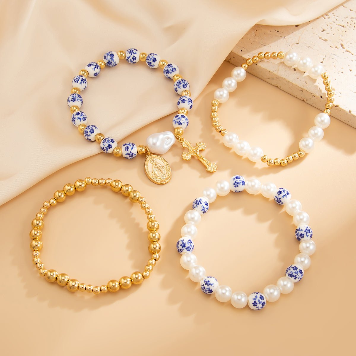 Trendy 4pcs Pattern Oval Cross Pendant Pearl Blue And White Porcelain Beaded Bracelet Set - ArtGalleryZen