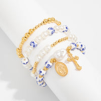Thumbnail for Trendy 4pcs Pattern Oval Cross Pendant Pearl Blue And White Porcelain Beaded Bracelet Set - ArtGalleryZen