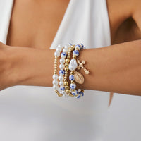 Thumbnail for Trendy 4pcs Pattern Oval Cross Pendant Pearl Blue And White Porcelain Beaded Bracelet Set - ArtGalleryZen