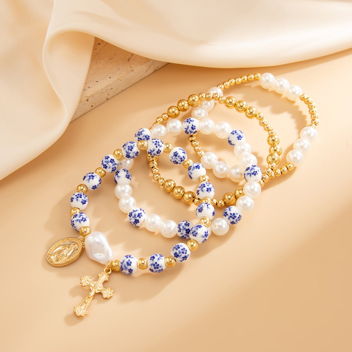 Trendy 4pcs Pattern Oval Cross Pendant Pearl Blue And White Porcelain Beaded Bracelet Set - ArtGalleryZen