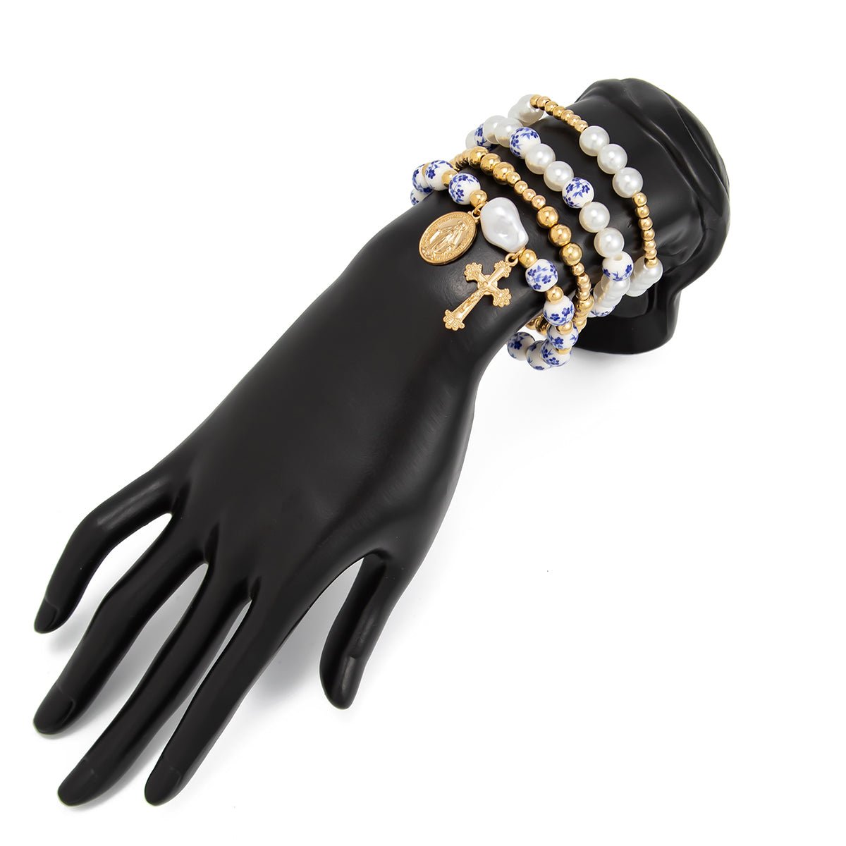 Trendy 4pcs Pattern Oval Cross Pendant Pearl Blue And White Porcelain Beaded Bracelet Set - ArtGalleryZen