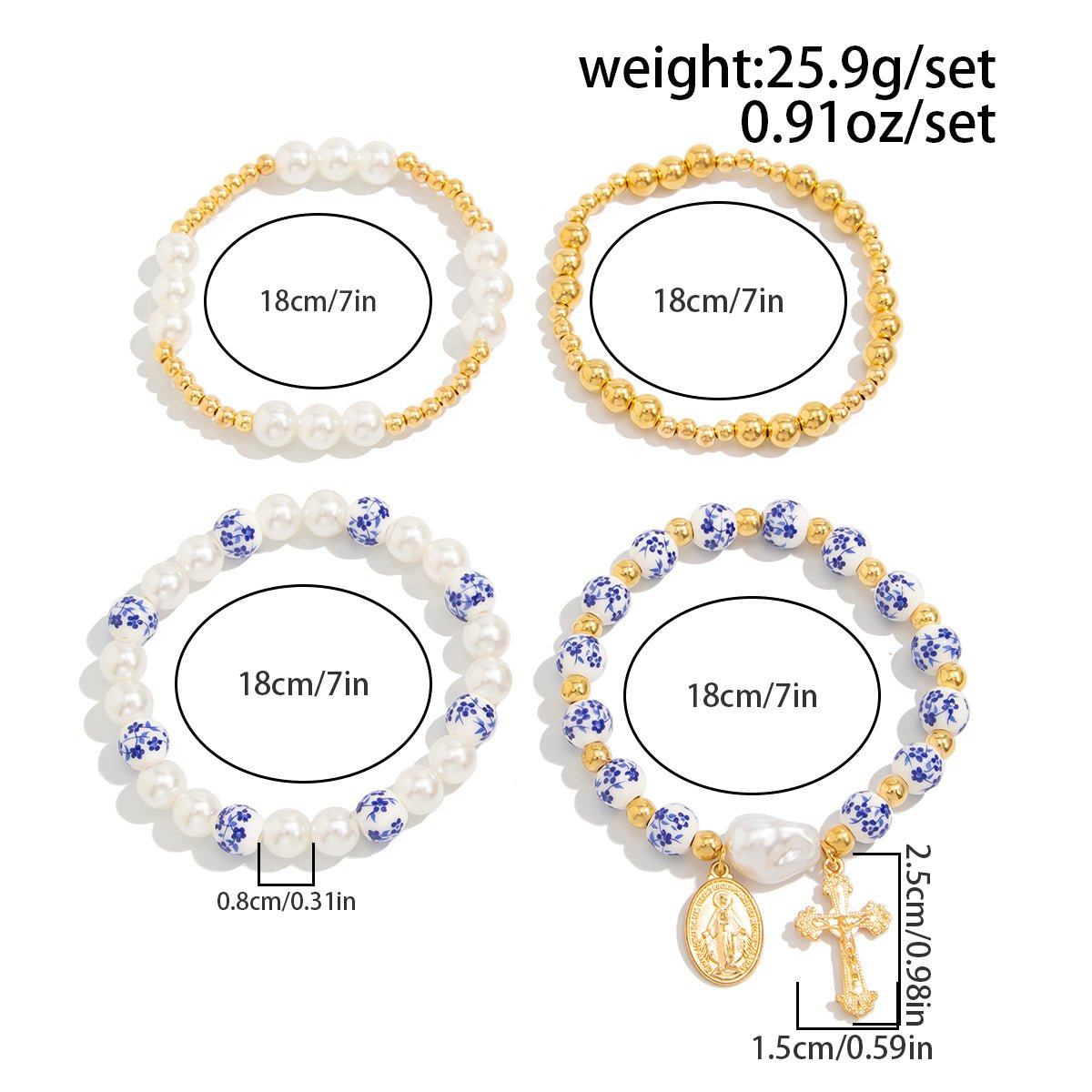 Trendy 4pcs Pattern Oval Cross Pendant Pearl Blue And White Porcelain Beaded Bracelet Set - ArtGalleryZen