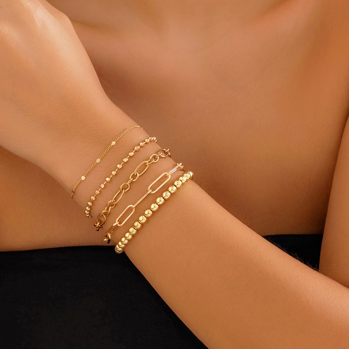 Trendy 5pcs Gold Plated Ball Chain Bracelet Set - ArtGalleryZen