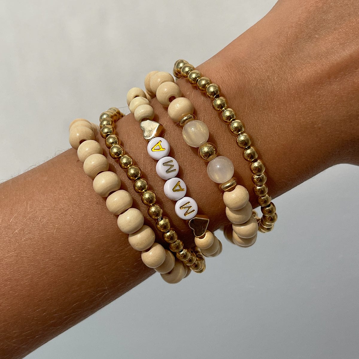Trendy 5pcs Letter Wood Beaded Mother's Day Bracelet Set - ArtGalleryZen