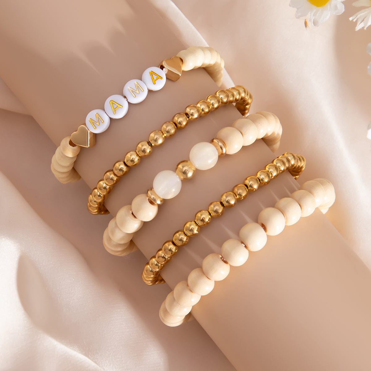 Trendy 5pcs Letter Wood Beaded Mother's Day Bracelet Set - ArtGalleryZen