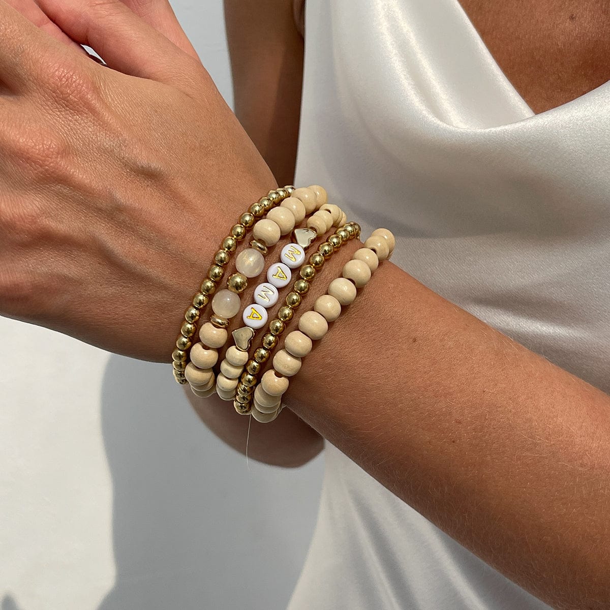 Trendy 5pcs Letter Wood Beaded Mother's Day Bracelet Set - ArtGalleryZen