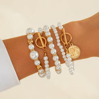 Thumbnail for Trendy 5pcs Toggle Clasp Love Round Disk Charm Pearl Chain Bracelet Set