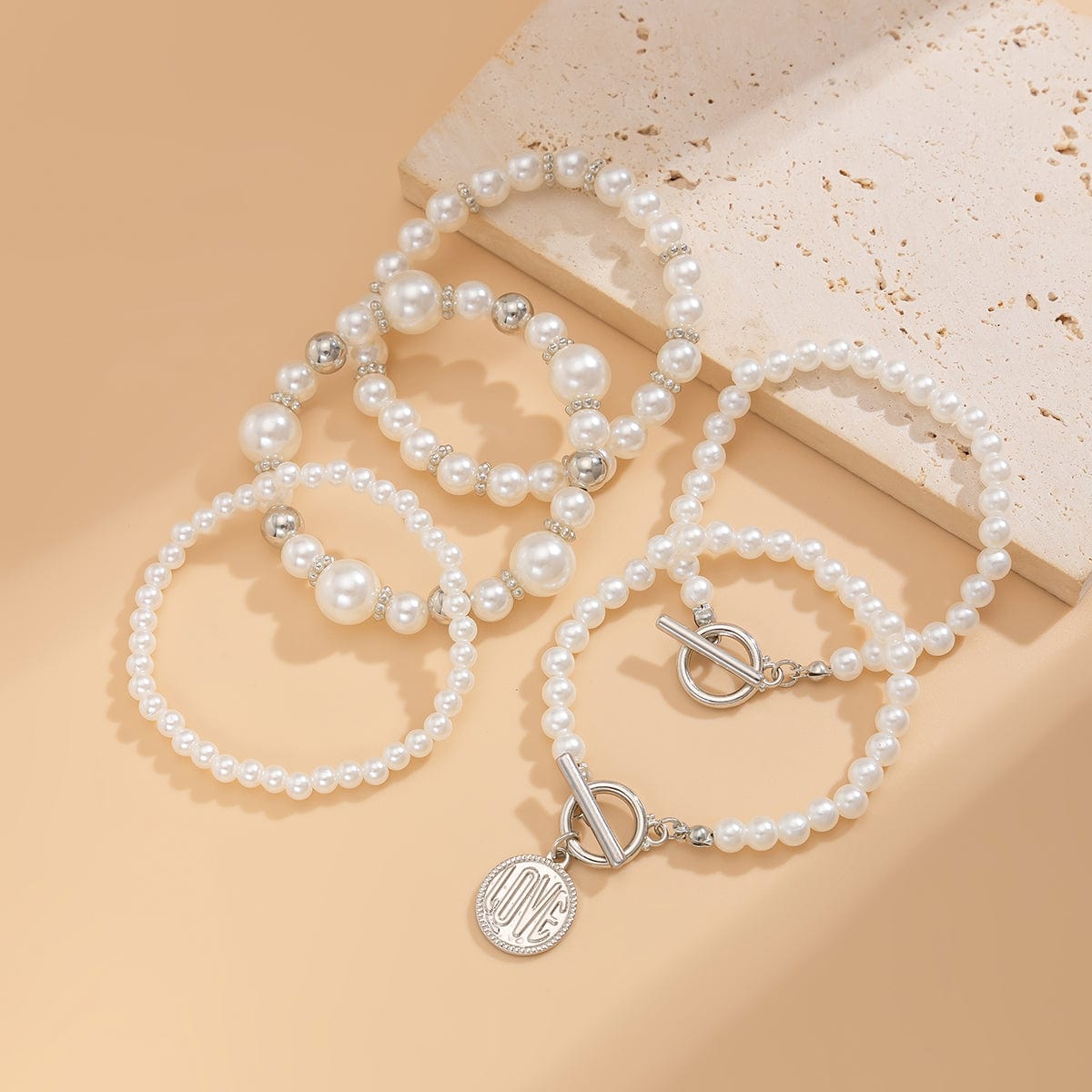 Trendy 5pcs Toggle Clasp Love Round Disk Charm Pearl Chain Bracelet Set