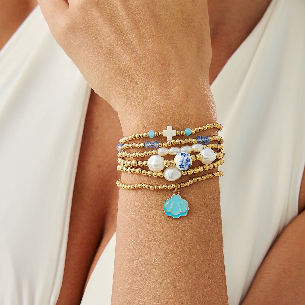 Trendy 6pcs Enamel Shell Charm Pearl Crystal Ceramic Beaded Bracelet Set - ArtGalleryZen