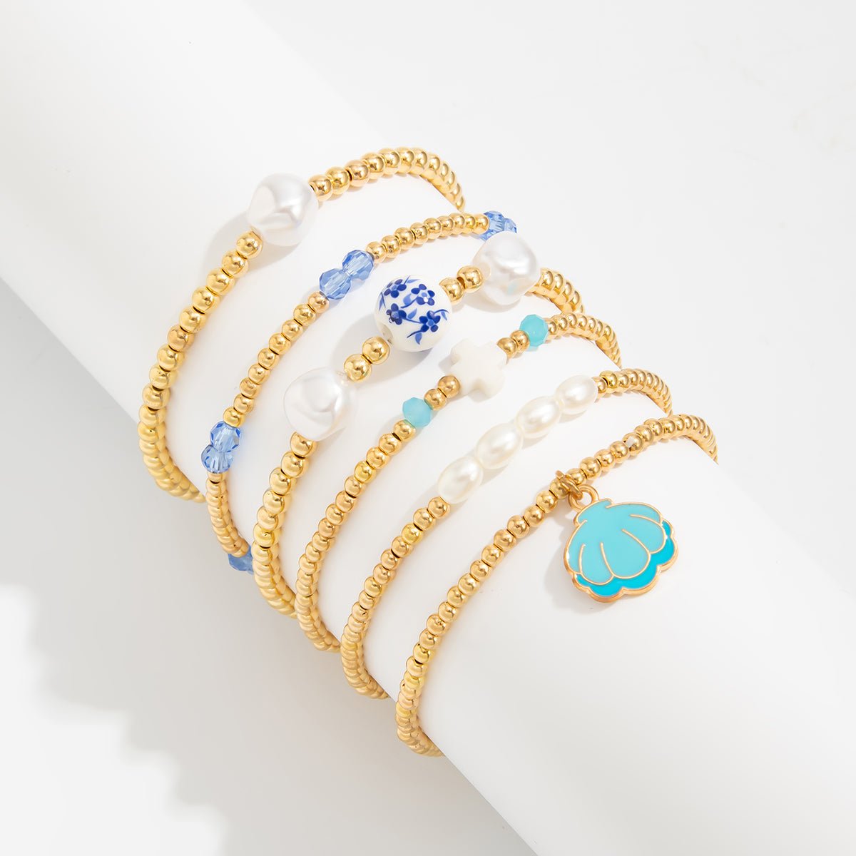 Trendy 6pcs Enamel Shell Charm Pearl Crystal Ceramic Beaded Bracelet Set - ArtGalleryZen