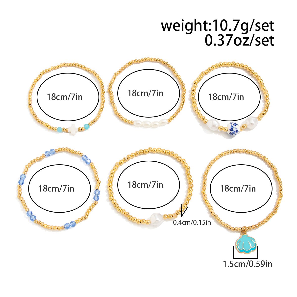 Trendy 6pcs Enamel Shell Charm Pearl Crystal Ceramic Beaded Bracelet Set - ArtGalleryZen