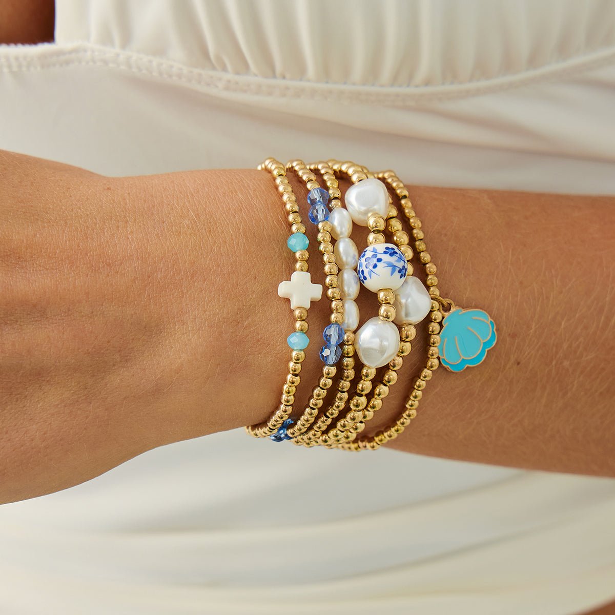 Trendy 6pcs Enamel Shell Charm Pearl Crystal Ceramic Beaded Bracelet Set - ArtGalleryZen