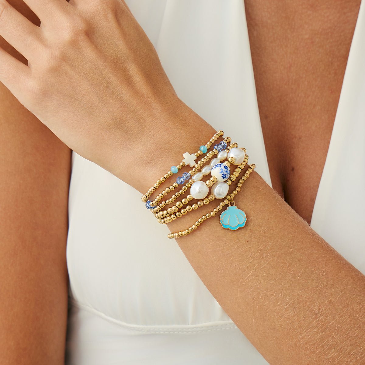 Trendy 6pcs Enamel Shell Charm Pearl Crystal Ceramic Beaded Bracelet Set - ArtGalleryZen