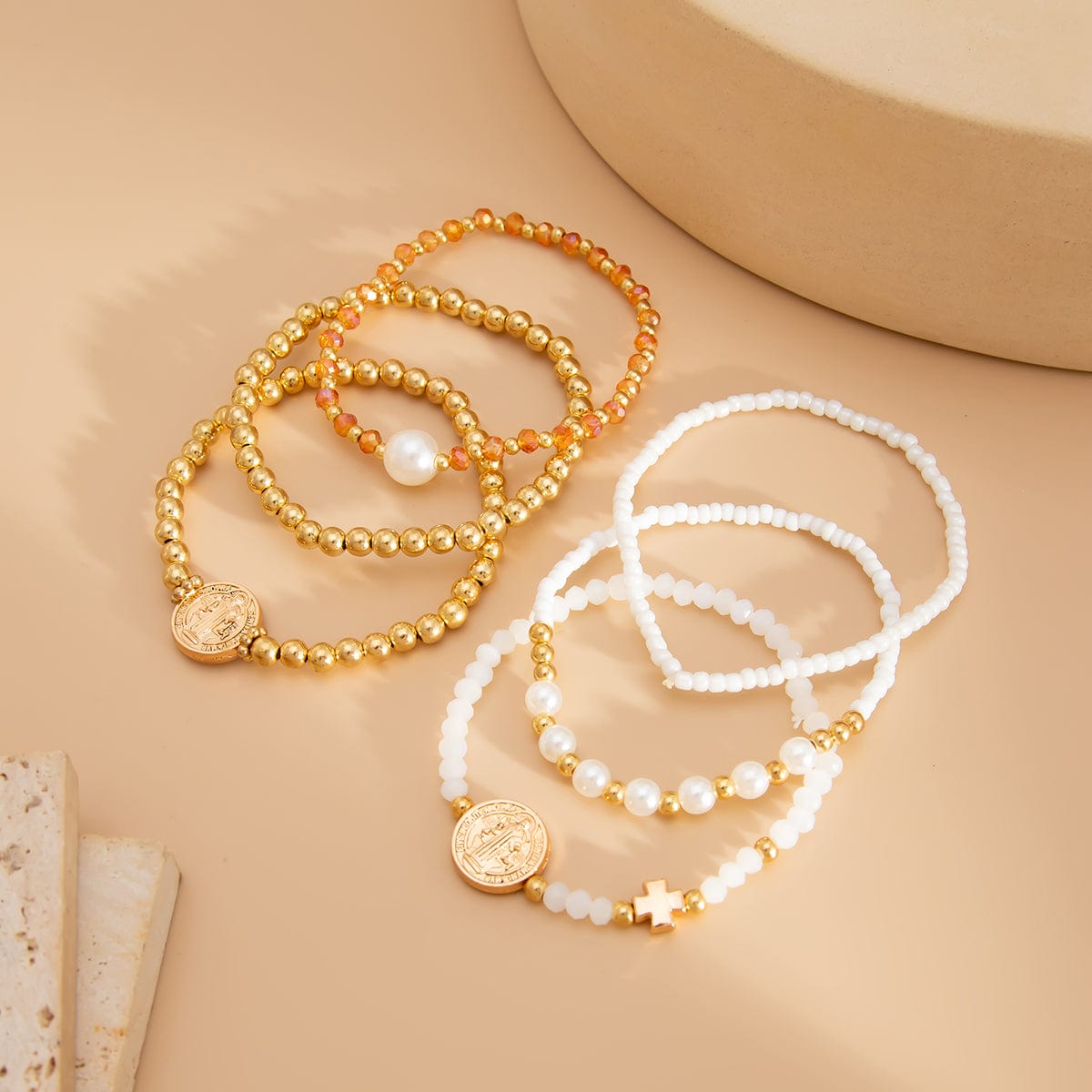 Trendy 6pcs Pattern Round Disk Charm Crystal Pearl Chain Bracelet Set - ArtGalleryZen