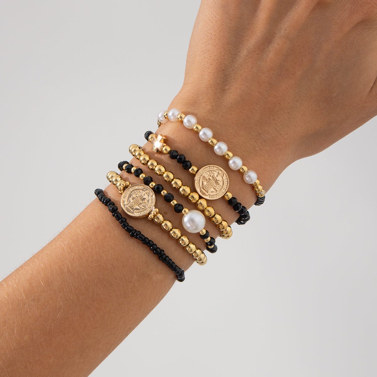 Trendy 6pcs Pattern Round Disk Charm Crystal Pearl Chain Bracelet Set - ArtGalleryZen