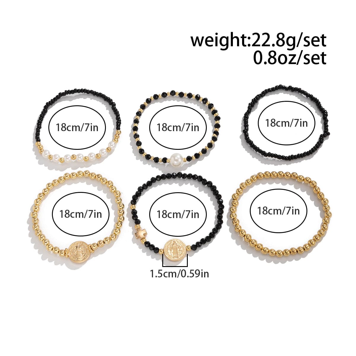 Trendy 6pcs Pattern Round Disk Charm Crystal Pearl Chain Bracelet Set - ArtGalleryZen