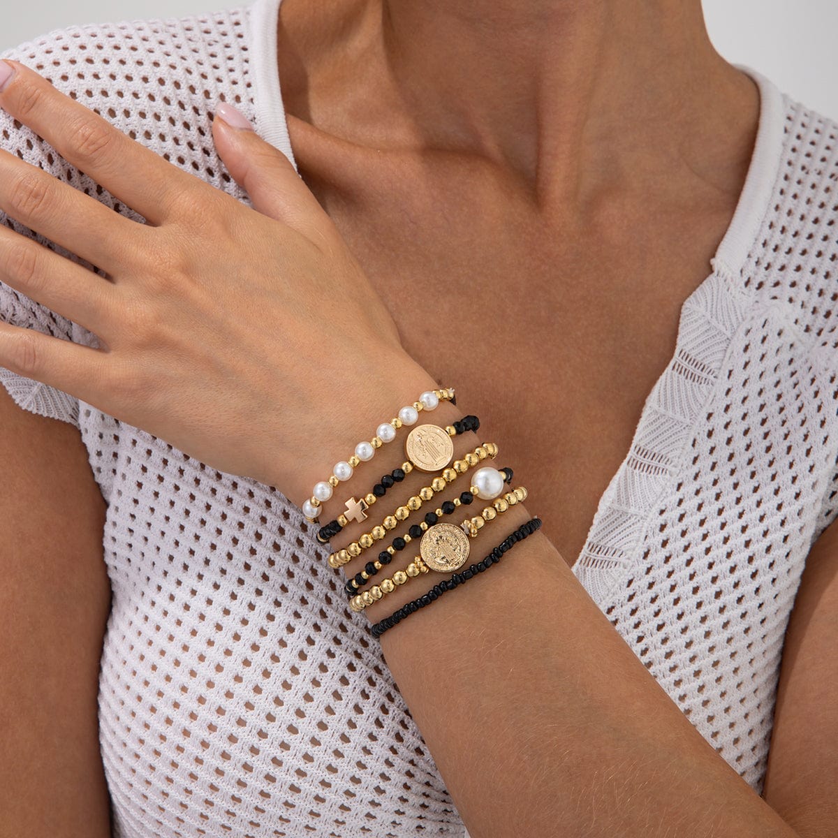 Trendy 6pcs Pattern Round Disk Charm Crystal Pearl Chain Bracelet Set - ArtGalleryZen