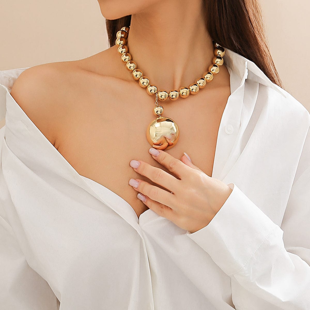 Trendy Chunky Gold Silver Tone Ball Pendant Choker Necklace - ArtGalleryZen