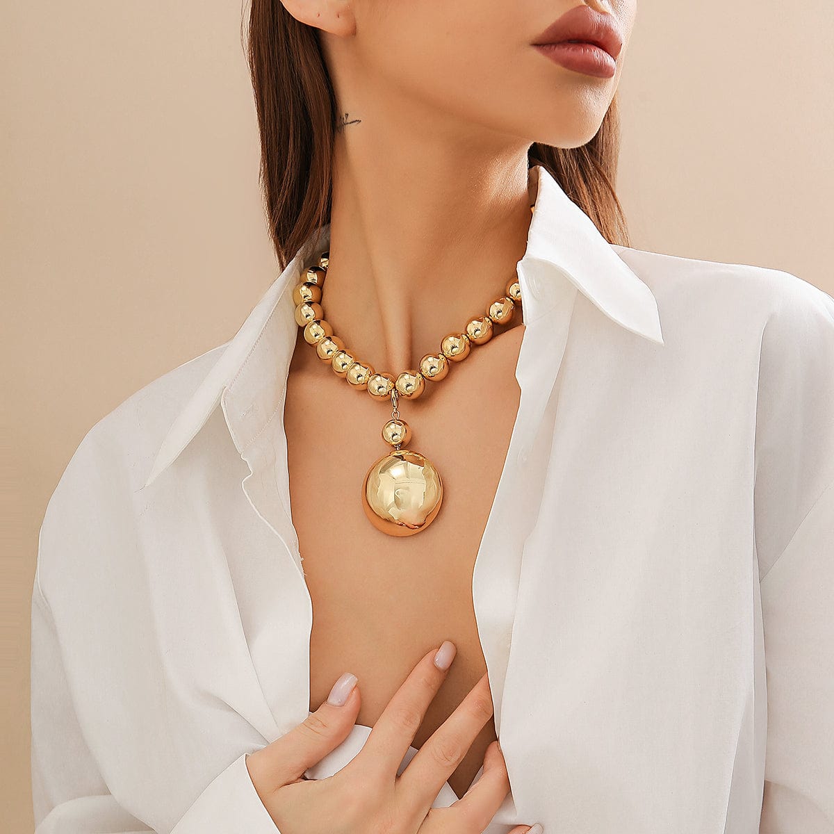 Trendy Chunky Gold Silver Tone Ball Pendant Choker Necklace - ArtGalleryZen